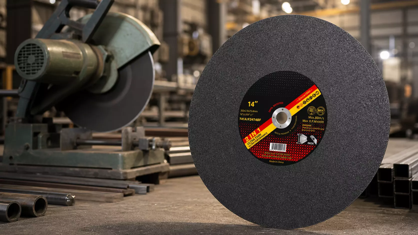 14 Inch Cutting Disc (350mm) for General Steel Fabrication – OEM Cut-off Wheel 14 inch cutting disc, 350mm metal cut-off wheel mounted on a chop saw with steel profiles in the background, OEM supplier product photo