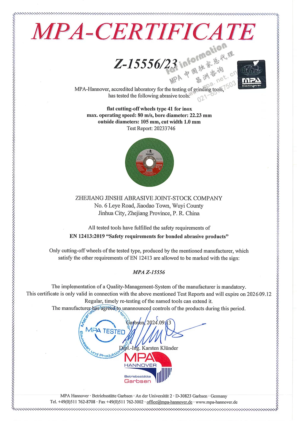 Certyfikat MPA Hannover Z-15556/23 dla płaskich ściernic do przecinania typu 41 (stal nierdzewna), 105mm x 1,0mm. Wyprodukowane przez Zhejiang Jinshi Abrasive, zgodne z normami bezpieczeństwa EN 12413:2019.