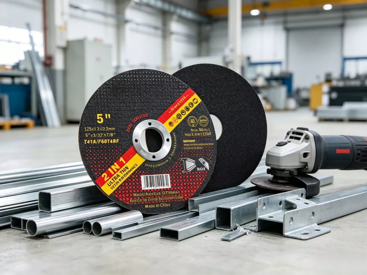 125mm 1.2mm T41 ultra-thin cutting disc used with 5 inch angle grinders for cutting thin-wall steel tube, stainless profiles and sheet metal in industrial production lines.