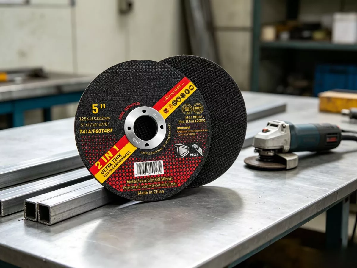 125mm T41 5 inch cutting disc used on compact angle grinders for cutting building steel bars, stainless steel pipes and automotive parts, ultra-thin 1.6mm kerf for higher efficiency.