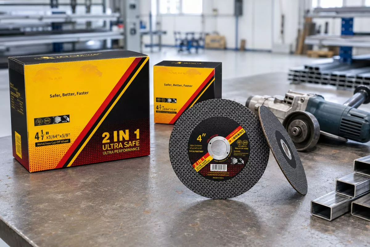 4 inch ultra thin cutting discs 100x1.2x16mm with branded carton on a metal workbench, ready for use on 4 inch angle grinders for stainless steel and carbon steel cutting in industrial projects